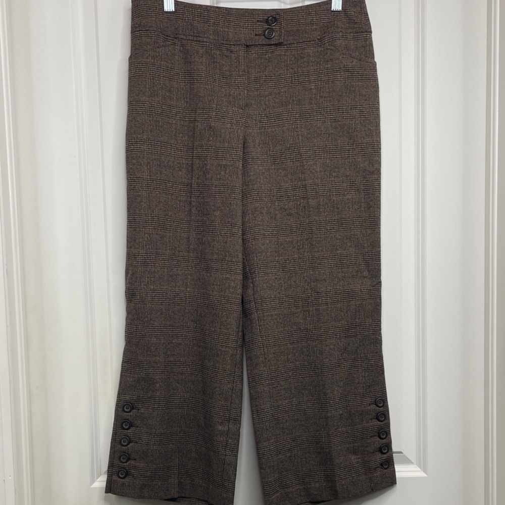 Cabi Cropped Trouser Pants Womens 6 Mid Rise Wide Leg Pockets Brown Plaid NWT